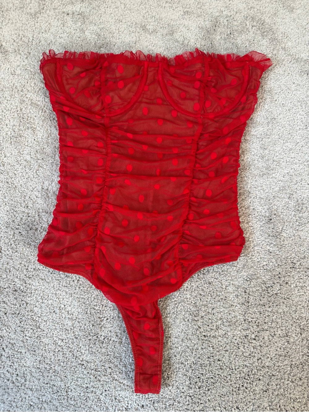 Majorelle Wyn Bodysuit Womens Small Red Mesh Polka Dot Lined Ruched Ruffle Thong